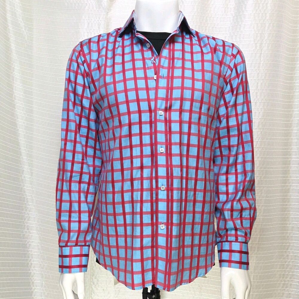Bugatchi Elegant Dress Shirt Men's M Blue/Red Check Logo Embroidered Placket